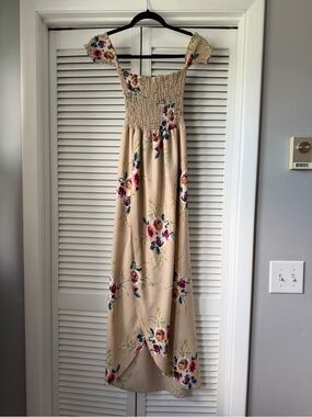 Beige Floral Smocked Maxi Dress - Women's